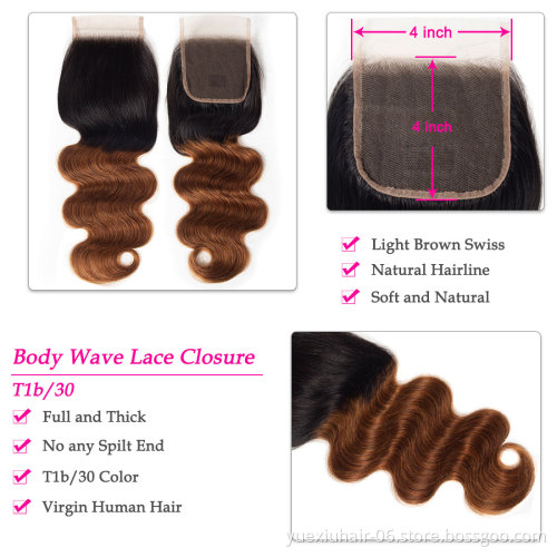 Ombre Red Brown Color 1B/30 Human Hair Bundle with 4x4 Lace Closure Brazilian Virgin Body Wave Bundle Deals Factory Price Vendor